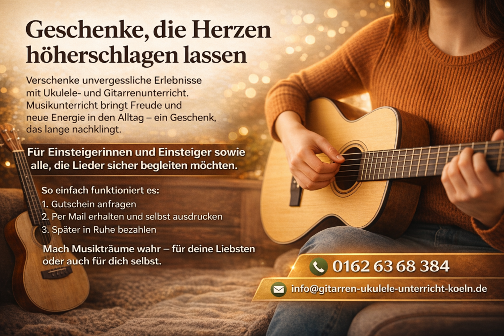„Werbung für Gitarren- und Ukuleleunterricht als Geschenk. Eine Person sitzt mit einer Gitarre auf d „Werbung für Gitarren- und Ukuleleunterricht als Geschenk. Eine Person sitzt mit einer Gitarre auf d